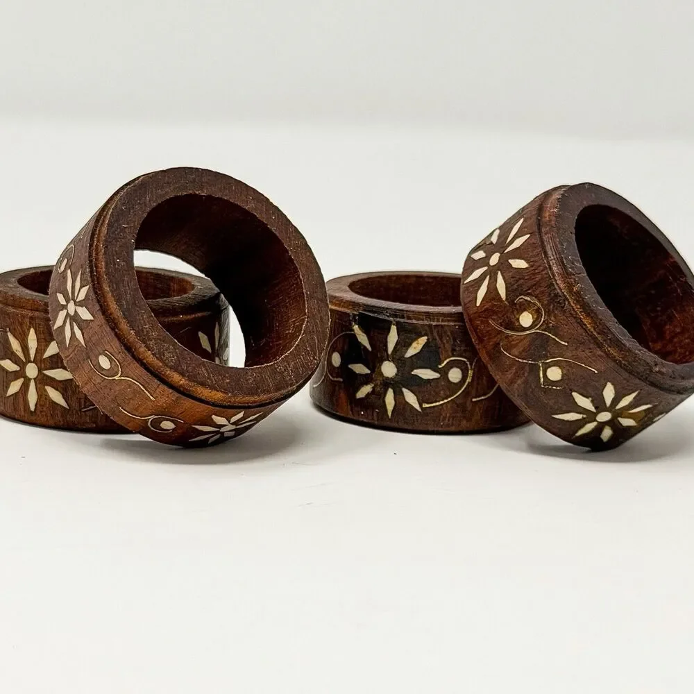 Vintage Wooden Flower Inlay Made In India Napkin Rings Set Of Four